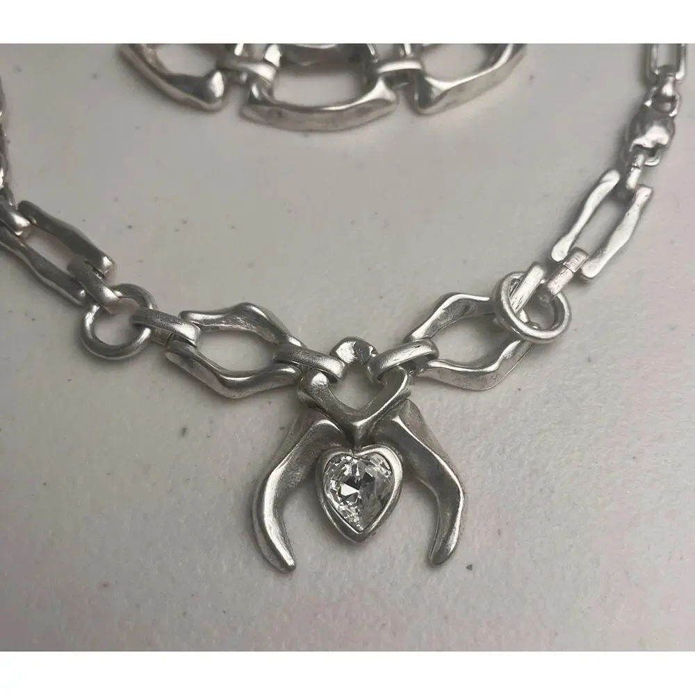 Silver Tone Heart Pendant Necklace Chunky Chain Bracelet Set Statement Bold Y2K